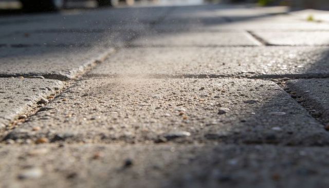 Sunlit concrete pavers showing textured grit, grout lines and dust motes, urban background