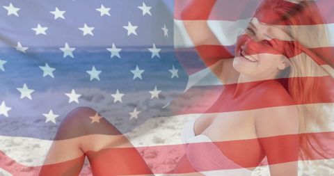 overlay of american flag on carefree woman enjoying summer beach captures essence of patriotism and joy. apt for themes of national pride, summer celebrations, vacations, and independence day promotions. perfect for travel agencies and lifestyle blogs highlighting us-themed leisure activities.
