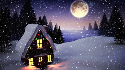 Cozy Snow-Covered Cottage Under Moonlit Sky
