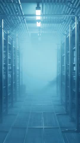 Starting Mist Creeping Down Server Aisle in Data Center, Softening Racks | Vertical Video