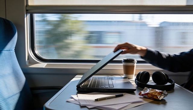 Remote working on train closing laptop with coffee, headphones and paperwork on tray table