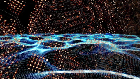Digital Waves Flowing Across Microprocessor Circuit Board