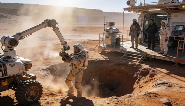 Guiding astronaut gripping rover robotic arm at crater edge on Mars-like desert habitat