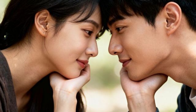 Leaning asian couple gazing intimately in park closeup romantic portrait with bokeh
