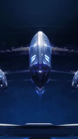 Vertical video spacecraft booting with hull glow, flank pods powering, launch ring charging