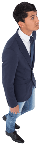 Transparent Sad Asian Businessman Looking Up in Discontent