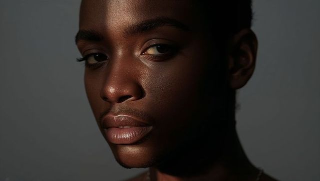 Moody high-contrast studio portrait with dramatic side lighting and chain necklace