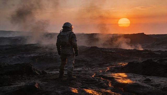 Cinematic suit-clad explorer surveying volcanic plain at sunset with glowing lava rivers