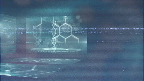 Futuristic Technology Screens with DNA Helix and Hexagonal Patterns