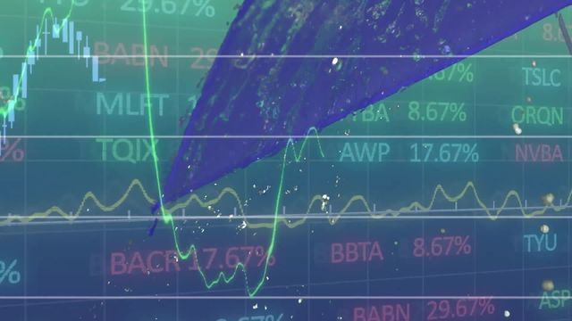 Animation showcases financial data and stock market statistics overlayed with visuals of rain and an umbrella. This image is suitable for illustrating the dynamic nature of global finance, market analytics, or the unpredictable elements impacting financial contexts. It is ideal for use in financial services presentations, investment blogs, fintech websites, or articles on economic trends.