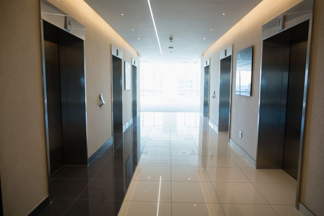 Image shows an empty corridor with multiple elevators in a modern office building. The clean and bright interior features a polished floor and contemporary design elements. Ideal for use in corporate presentations, real estate marketing, architectural portfolios, and business-related content.