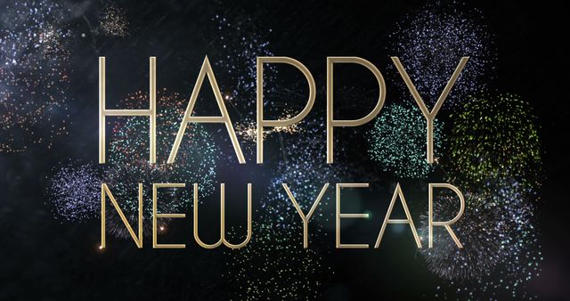 Graphic design with 'Happy New Year' text overlaying a colorful fireworks display, ideal for New Year’s celebrations, holiday cards, social media posts, festive invitations, and online banners.