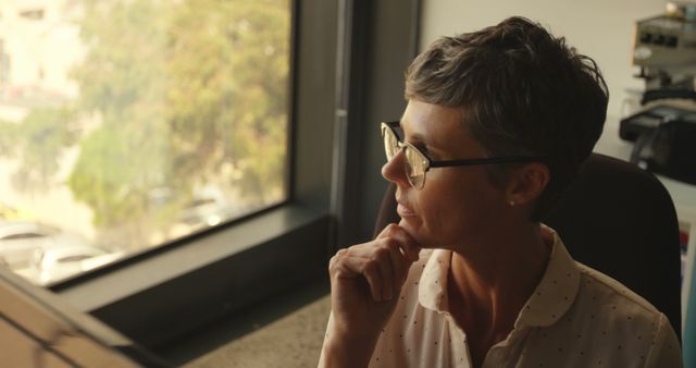 Happy caucasian casual businesswoman in glasses using computer in sunny office - Download Free Stock Photos Pikwizard.com