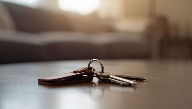 Keys resting on wooden table with leather fob closeup warm bokeh living room