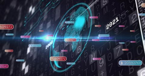 Rotating holographic globe displaying real-time data on futuristic neon analytics dashboard