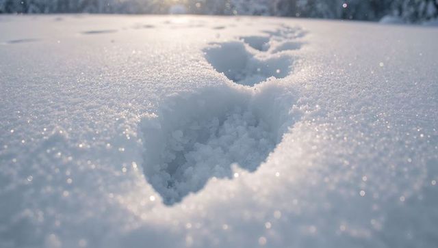 Single-file footprints leading through fresh granular snow toward sunlit forest treeline