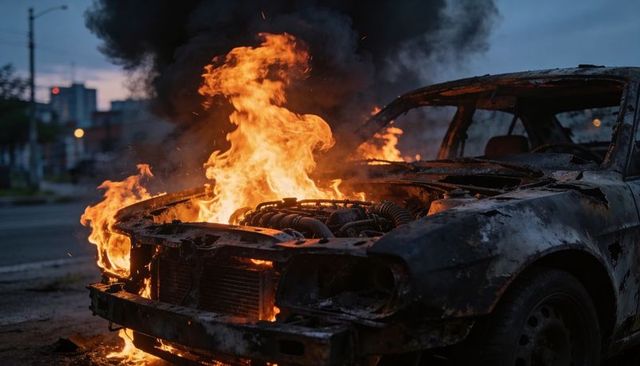 Burning car engulfing engine with roaring flames and thick black smoke at urban dusk
