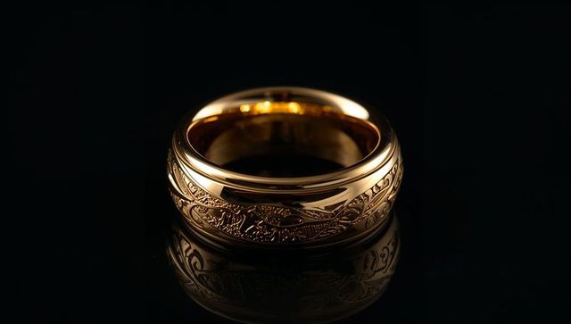 Ornate gold ring engraved filigree shining on black gloss surface with reflective glow