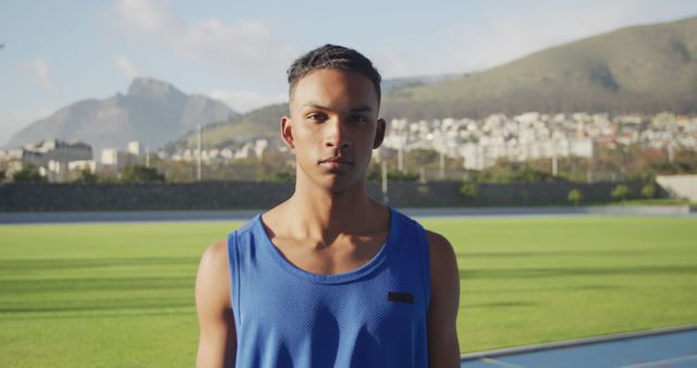 Confident Young Athlete on Sports Field with Mountains in Background - Download Free Stock Images Pikwizard.com