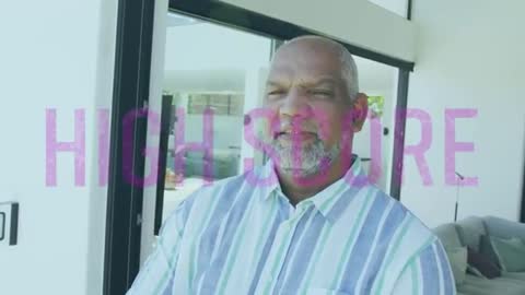 Man Squinting in Modern Doorway, Smiling and Crossing Arms with Magenta HIGHSCORE Overlay