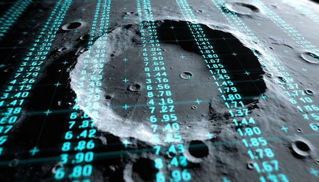 Lunar crater mapping with cyan numeric grid overlay, futuristic topographic visualization