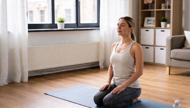 Woman practicing mindful yoga kneeling pose in bright living room with mat