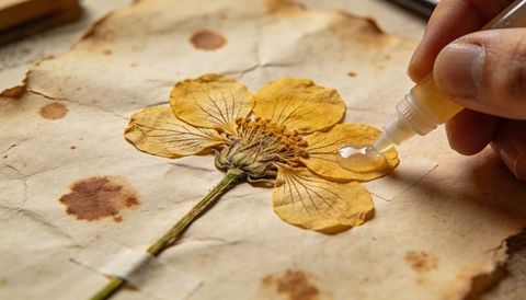 Applying adhesive to dried yellow flower for herbarium preservation and crafting