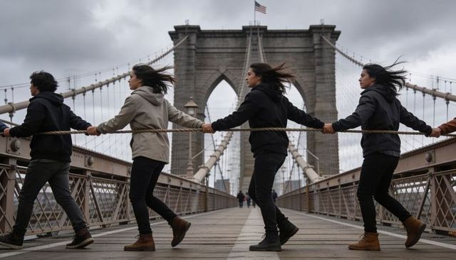 Four friends walking brooklyn bridge holding rope, windy urban stroll on suspension span