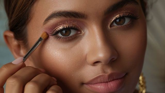Close-up glam makeup applying golden shimmer eyeshadow with brush on glowing skin