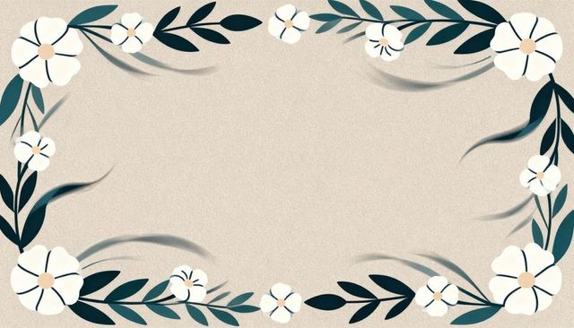 Minimal white floral border with dark teal leaves on textured beige canvas decorative frame