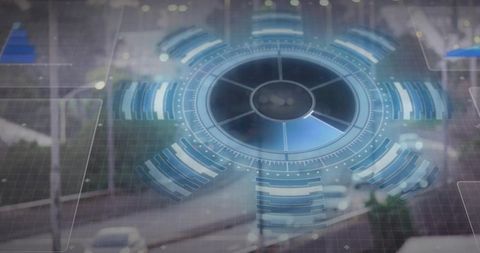 Holographic circular hud overlaying urban roadway for smart city data visualization