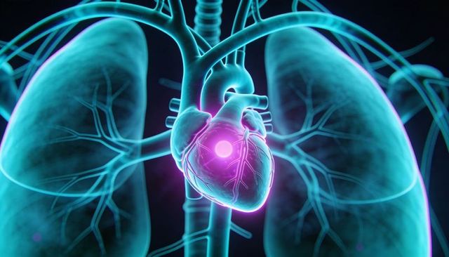 3D glowing heart in thoracic cavity highlighting cardiac anatomy and vasculature, neon cyan