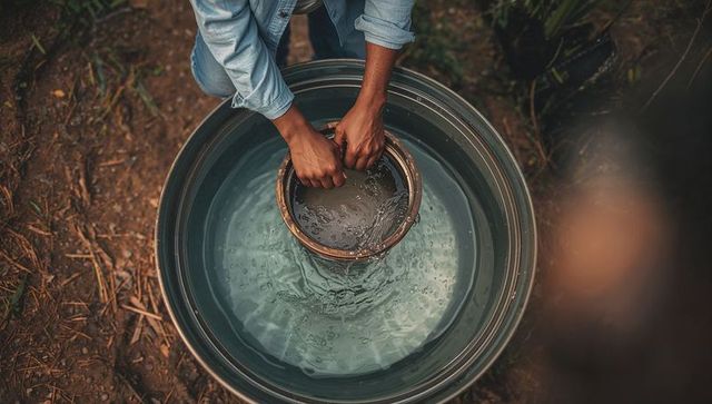 Scrubbing clay pot in metal basin rustic hands washing earthenware with water ripples