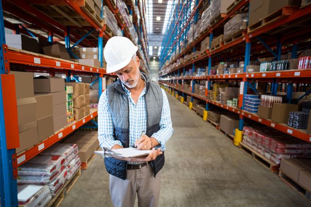 Warehouse worker wearing hard hat and safety vest writing on clipboard in large warehouse with shelves filled with boxes. Ideal for illustrating logistics, inventory management, supply chain operations, and industrial safety.