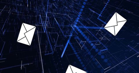 Floating envelope icons over neon data grid representing email network and cyber messaging