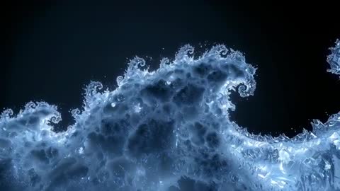 Shifting Blue Fractal Crest Expanding in Dark Void with Foam Curls and Droplets