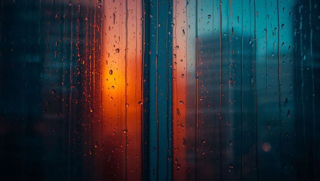 Rain-streaked home window with urban silhouette and warm glow