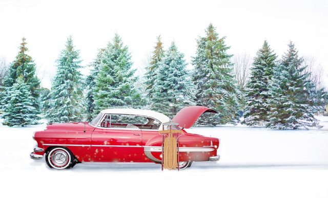 Classic red car from 1950s parked in snowy forest with open trunk and wooden sled. Evergreen trees covered in snow visible in background. Suitable for nostalgic winter scenes, holiday-themed media, and vintage automobile collections.