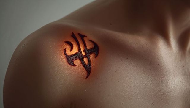 Tribal shoulder tattoo glowing under warm rim light on bare upper chest