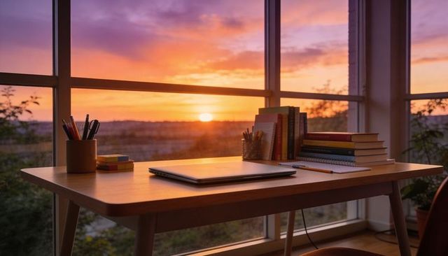 Sunset-lit minimalist home office desk with closed laptop, stacked books and warm glow