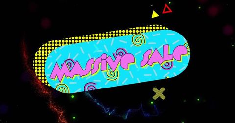 Neon Retro Memphis Massive Sale with Cyan Capsule, Magenta Pop Art Text, Halftone Dots