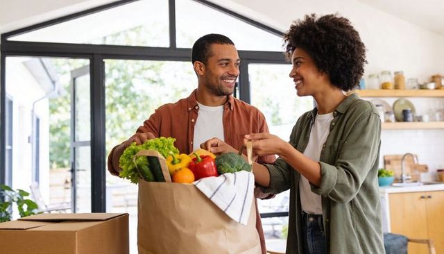 Young couple unpacking groceries in bright modern kitchen with fresh vegetables and citrus