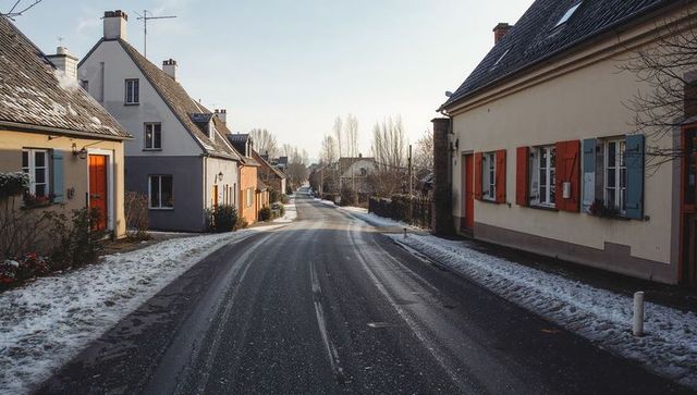 Quiet snow-dusted village street curving past colorful shuttered houses in morning light