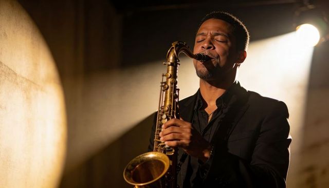 Saxophonist performing moody solo under spotlight in intimate jazz club