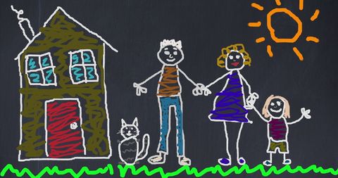 Childlike Family Drawing with House, Sun, and Pet Cat - Download Free Stock Images Pikwizard.com