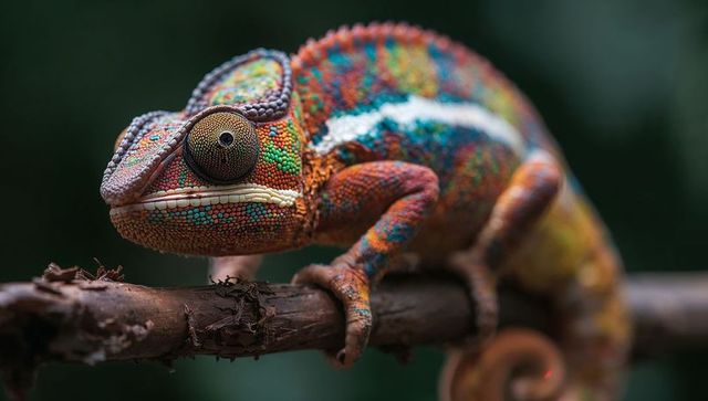 Colorful chameleon resting on branch displaying vivid pattern