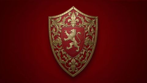 Medieval Shield with Lion Emblem on Red Background