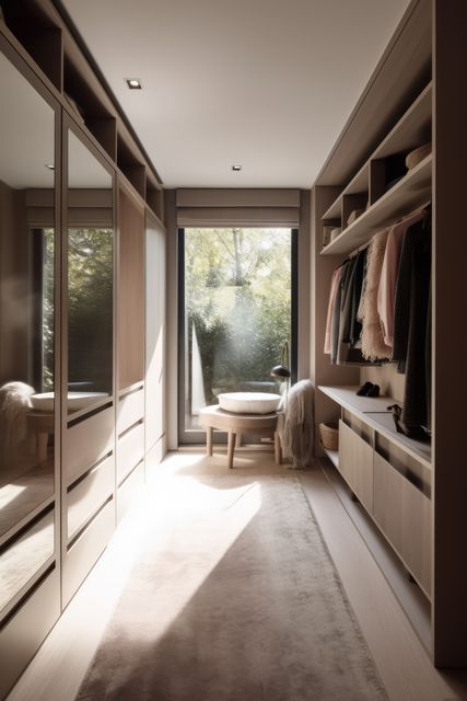 Modern light walk in wardrobe with window, created using generative ai technology. Interior design, home decor and clothes storage concept digitally generated image.