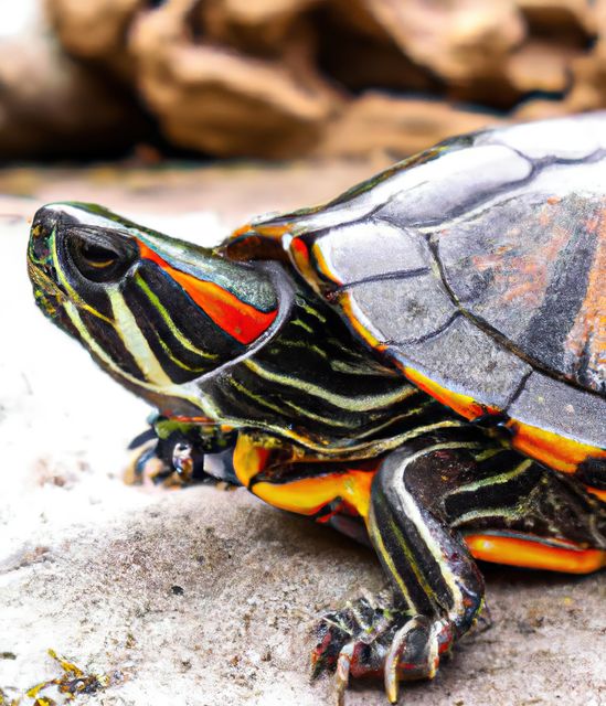 Close-up showing detailed view of a turtle's colorful shell and intricate patterned stripes. Perfect for use in wildlife photography, nature education materials, or conservation awareness content emphasizing the beauty of reptiles and their natural habitats.