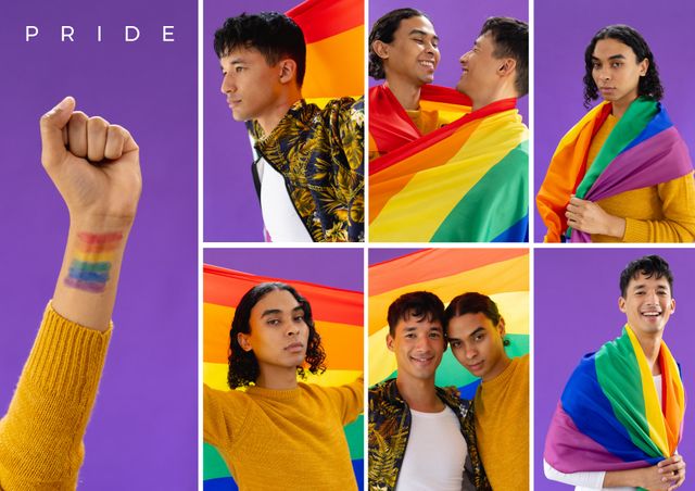 Diverse male couple celebrating LGBTQ pride, wrapped in rainbow flag and smiling. Ideal for promoting LGBTQ events, pride month, support for equal rights, diversity celebrations, and empowering inclusive communities.